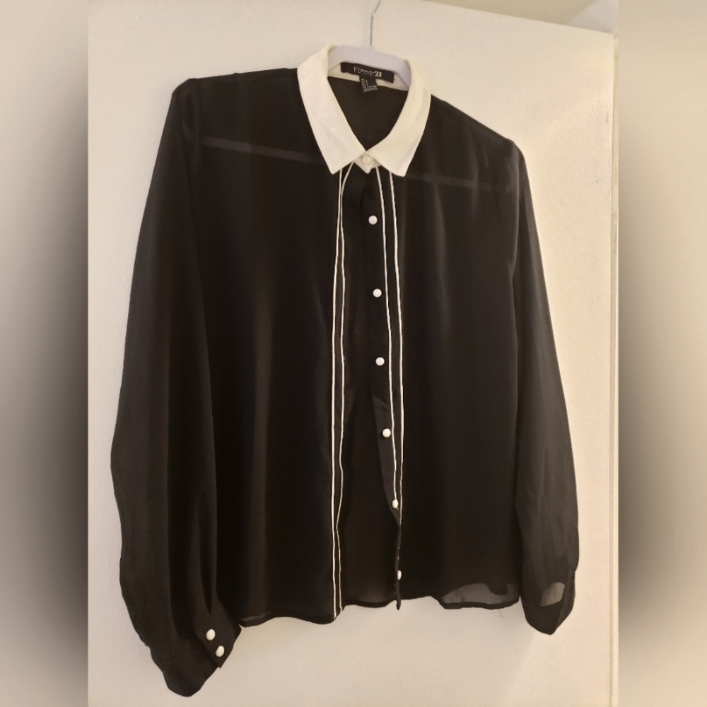 Forever 21 sheer, button-up, long sleeve blouse